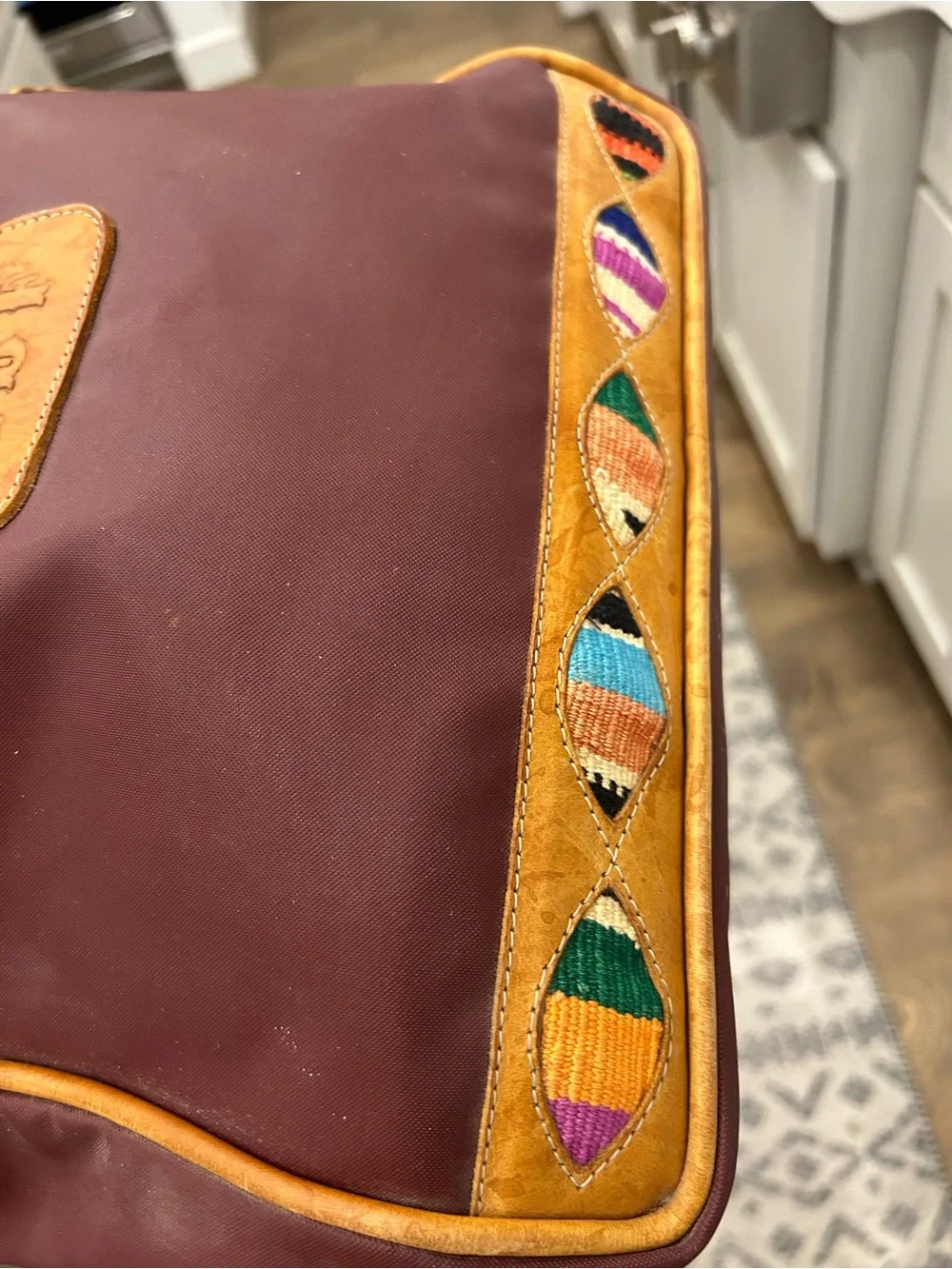 Brown Leather-Trim Burgandy Backpack